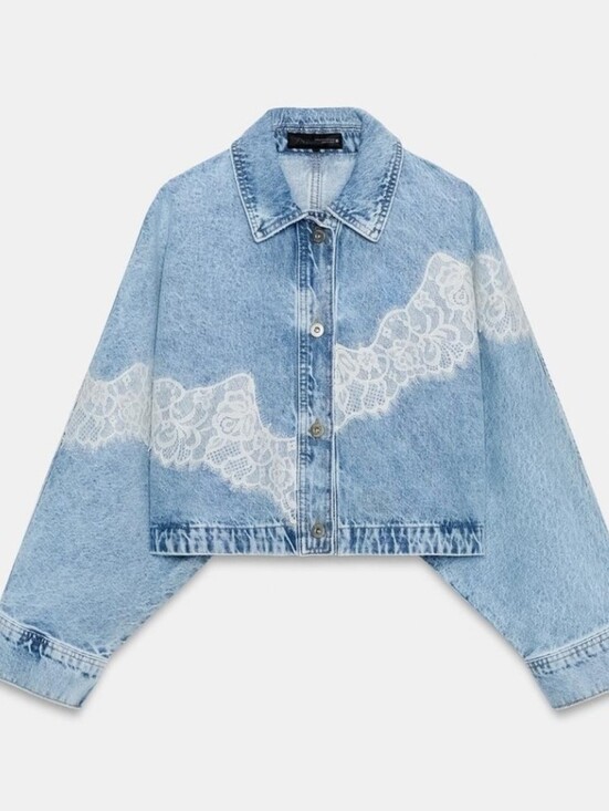 Zara Jackets & Blazers - ZARA Lace Appliqué Cropped Denim Jacket Oversized M/L NWT Sold Out